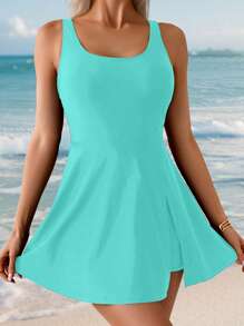 Swim Lushoire 女式夏季海滩休闲优雅纯黑色宽松细肩带圆领荷叶边下摆连体泳衣