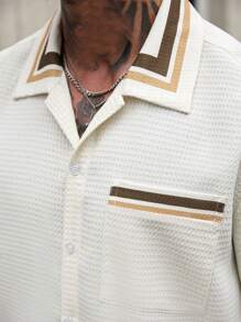 Manfinity Homme 男士休闲纹理纽扣衬衫和短裤套装 - 杏色 - 查看 4