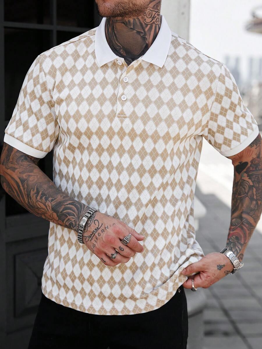 Manfinity Homme 男式半开襟插肩袖格子休闲 Polo 衫，夏季 - 卡其色 - 查看 1