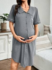 字母刺绣口袋孕妇装，撞色饰边彼得潘领