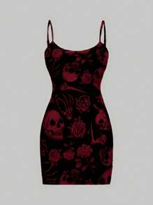 SHEIN SXY Casual Skull Print Bodycon Mini Slip Dress For Women, Spring/Summer Suitable For Going Out Chic Dress