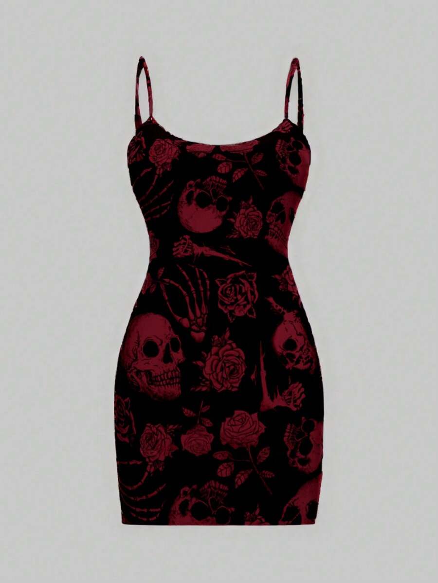 SHEIN SXY Casual Skull Print Bodycon Mini Slip Dress For Women, Spring/Summer Suitable For Going Out Chic Dress