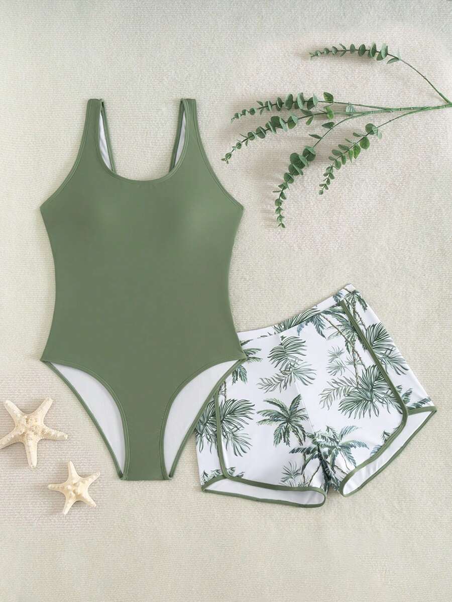 SHEIN Áo tankini Racerback trơn màu cho bé gái tuổi teen có quần bơi in họa tiết cây nhiệt đới - xanh quân đội - Xem 1