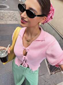 Chiquease Women's Casual Simple Solid Color Knit Top With Bow Decor - Pink - View 5