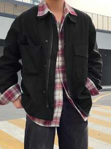 DAZY Black Zipper Pocket Snap Button Design Men's Jacket And Coat, Spring & Autumn - Black - View 7