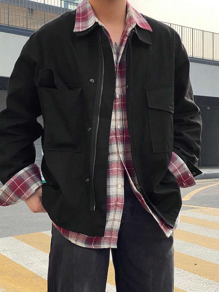 Black Zipper Pocket Snap Button Design Men's Jacket And Coat, Spring & Autumn