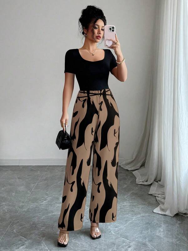 Elenzga Women Elegant Color Block Square Collar Short Sleeve Jumpsuit