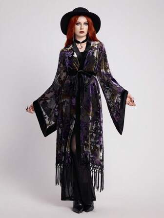 Goth Bohemian Goth Style Floral Burnout Velvet Texture Beach Flare Sleeve Cardigan