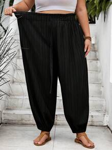 SHEIN CURVE+ 大码休闲纯色抽绳及踝长裤 - 黑色 - 查看 6