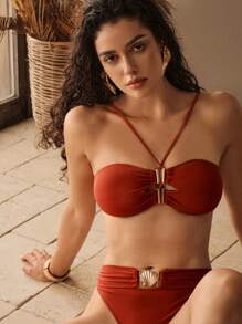 Elaire Top de traje de baño de unicolor para vacaciones en la playa para mujer - Marrón Mocha - Ver 5
