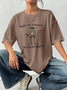 SHEIN EZwear Áo thun cổ tròn tay ngắn in hình con ếch và khẩu hiệu cỡ lớn dành cho nữ - Màu Khaki - Xem 4