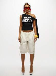 SUMWON WOMEN 露肩女孩俱乐部图案印花上衣 不对称剪裁 系带细节 夏季节日俱乐部服饰 街头服饰 Y2K 时尚宣言 - 黑色 - 查看 3