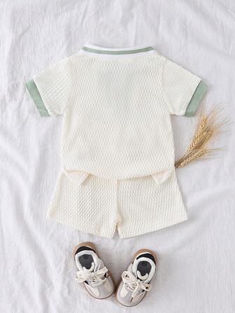 SHEIN Vintaside Kids 男婴夏季绿色套装，有领短袖上衣搭配短裤，简约风格无印花，宽松版型，适合外出、休闲装和轻运动