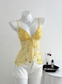 Elamini 春夏休闲度假亮片网眼细肩带上衣 - 黃色 - 查看 5