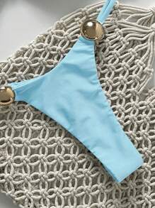 Swim Chiccia 2pcs/Set Women Beachwear Summer Outfits, Gold Circle Embellished Crop Top And Thong Spaghetti Strap Bikini Set For Beach Holiday - Baby Blue - View 4