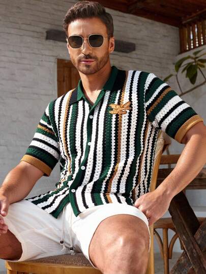 Manfinity CityGents Plus Size Men's Striped Short Sleeve Single-Breasted Hollow-Out Knit Top