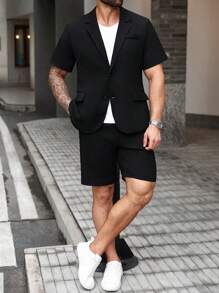 Calvornis Conjunto casual de talla grande para hombre, con camisa de manga corta y pantalón corto de jacquard - Negro - Ver 5
