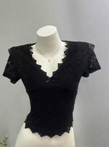 INAWLY 女式标准尺码短袖蕾丝衬衫，夏季 - 黑色 - 查看 3