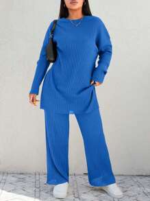 EURMUSE Set de 2 piezas talla grande con top y pantalones acanalados unicolor informal - Azul - Ver 1