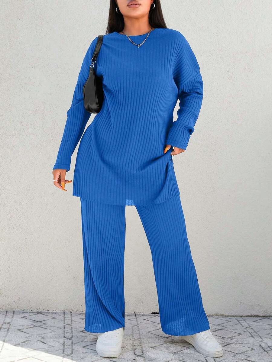 EURMUSE Set de 2 piezas talla grande con top y pantalones acanalados unicolor informal - Azul - Ver 1