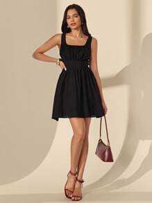 Almamuse Women Casual Lace Texture Short Sleeveless Dress - Black - View 7