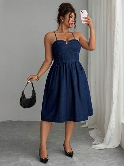 Elenzga 大码女式牛仔细肩带人字形缝线休闲性感连衣裙