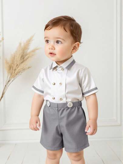 Young Boy Cute Summer Gentleman Set, Contrast Color Collared Short Sleeve Shirt & Drawstring Waist Khaki Shorts