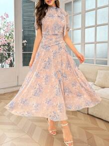 Modelyn 花卉印花系带腰褶饰女式优雅连衣裙 - 粉色 - 查看 4