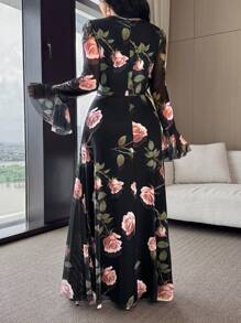 Feyla Women Elegant Full Floral Print Bell Sleeve Dress - Black - View 5