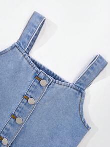 Conjunto de 2 piezas de niña joven de mezclilla: top sencillo + pantalones cortos vaqueros. Conjunto de 2 piezas de niña joven elegante y lindo: blusa de tirantes y pantalones cortos vaqueros bordados - Azul lavado medio - Ver 9