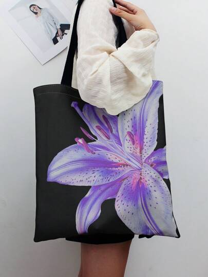 Kawaii Versatile Flower Print Reversible Shoulder Canvas Tote Bag, Suitable For Vacation & Commuting