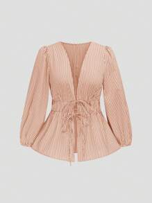 Sweetra Áo peplum cổ chữ V sâu buộc phía trước cho nữ mùa xuân thu thường ngày họa tiết sọc tay đèn lồng cỡ lớn - trái cam - Xem 1