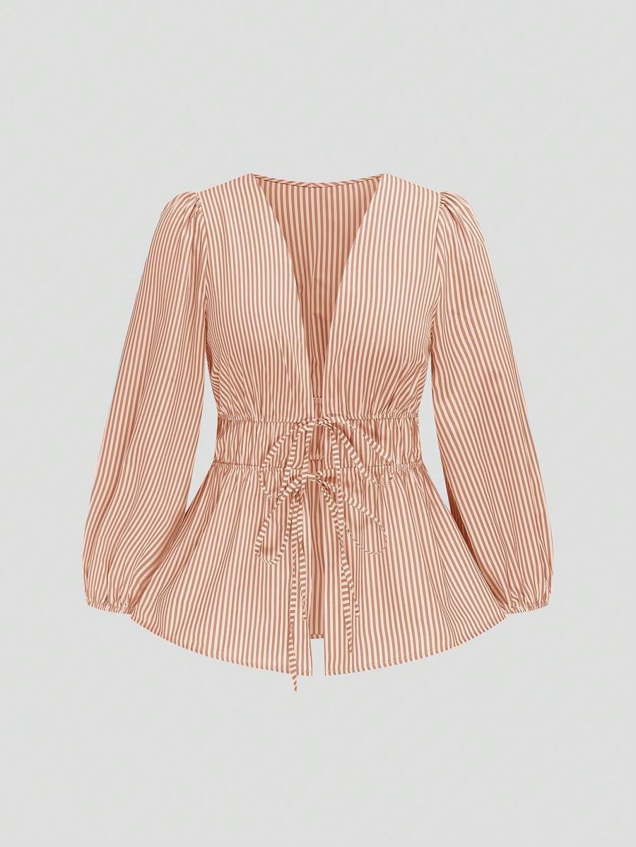 Sweetra Áo peplum cổ chữ V sâu buộc phía trước cho nữ mùa xuân thu thường ngày họa tiết sọc tay đèn lồng cỡ lớn - trái cam - Xem 1