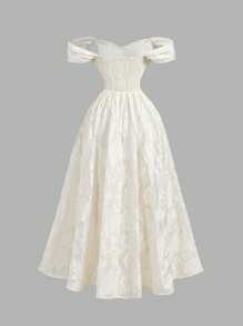 SHEIN MOD 露肩蝴蝶袖收腰长裙，激光切割纹理面料，乳白色露肩连衣裙，白色压花连衣裙，飘逸连衣裙，伴娘服，女士优雅服装，女士生日礼服 - 杏色 - 查看 2