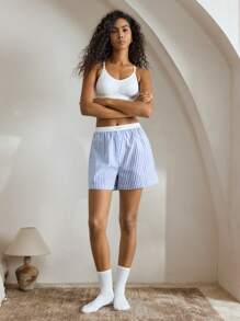 Ocili Leisure Women's Plaid Pattern Cotton Comfortable Fake Placket Shell Button Casual Shorts For Home Wear - Baby Blue - View 4