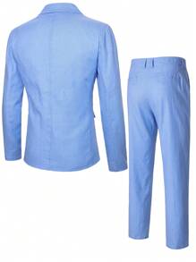 Manfinity Mode 男士商务通勤西装 - 夹克和裤子套装 - 淺藍色 - 查看 2