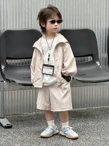 Dazy Kids Young Boy Letter Print Hoodie + Pocket Design Shorts Outfit, Summer - Beige - View 3