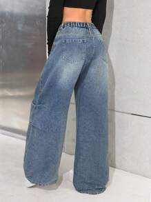 SHEIN 少女 Y2K 口袋褶皱阔腿宽松休闲时尚宽松牛仔裤 - 淺色水洗藍 - 查看 3