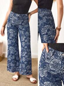 EMERY ROSE Women's Casual Street Fashion All-Over Floral Print Flared Jeans - Blue - View 1