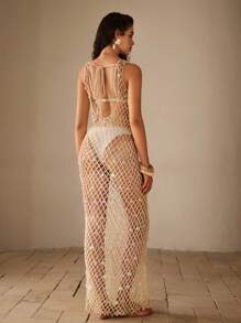 Anewsta Elegant High-End Handmade Beaded Sheer Back Cover Up, Fashion & Sophisticated For Summer Beach Vacation - Apricot - View 2