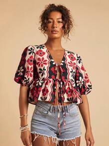 Travachic Women's Red Floral Print Ruffle Cap Sleeve Tie Front Blouse,Boho Summer Vacation Holiday Cute Tops,Casual Fall Shirts For Women - Red and Black - View 3