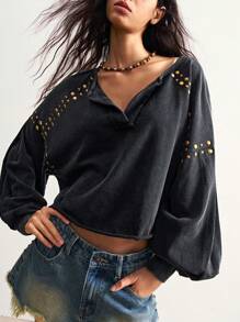 Bohemela BOHO 美式复古休闲女式水洗纯色西部风针织铆钉半拉链 V 领长袖宽松卫衣，夏秋季