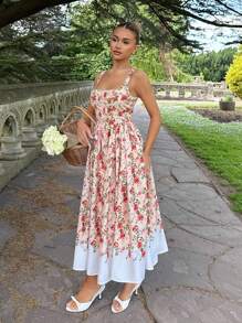 Glamine Vestido maxi floral de mujer, con cuello cuadrado color rosa multicolor, sin mangas, con botones decorativos en la cintura, elegante y de estilo romántico de resort para el verano - Albaricoque - Ver 4