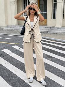 SHEIN Frenchy Bộ vest và quần vest viền tương phản dành cho nữ - Màu be - Xem 6