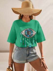 EURMUSE Woman Casual Solid Color Short Sleeve Oversize T-Shirt Sequin Embroider Front - Green - View 5
