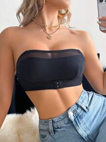 SHEIN Seamless Bandeau Bra With Mesh Panels And Front Closure - Black - View 4