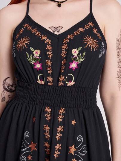 EDITION Dark Vintage Gothic Star & Moon Embroidered A-Line Women's Cami Dress, Summer
