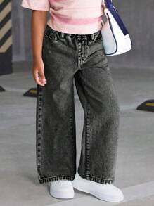 SHEIN Sparklyn 女童百搭时尚染蓝色直筒牛仔裤