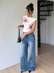 Siren Gaze 简约水彩花卉图案优雅女士双层网眼 T 恤，适合休闲、度假、派对场合、夏季 - 彩色 - 查看 4