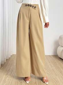 Modelyn Khaki,Autumn,Elegant Unique,Elegent,Office Women's High Waist Wide Leg Pants With Metal Buckle Accent,Pleated Fashionable Casual Soft Trousers - Khaki - View 3